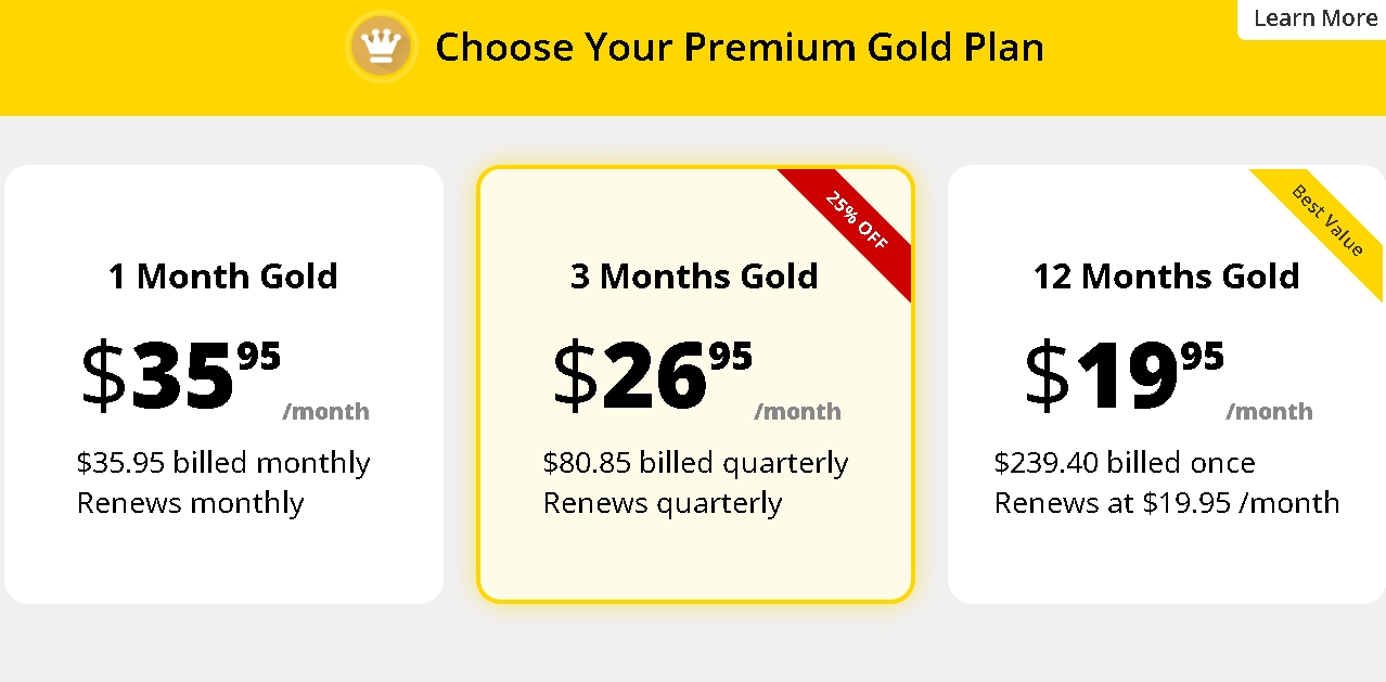 a screenshot of Adult Friend Finder's premium upgrade prices